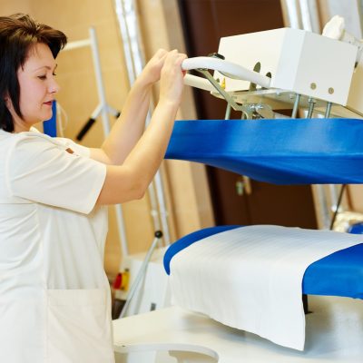 Cleaning,Services.,Woman,Operating,With,Ironing,Machine,Working,At,Hotel