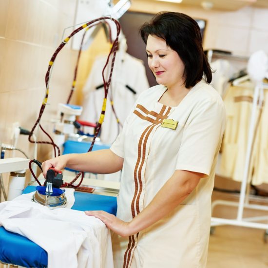 Cleaning,Services.,Woman,With,Iron,Working,At,Ironing,Shop